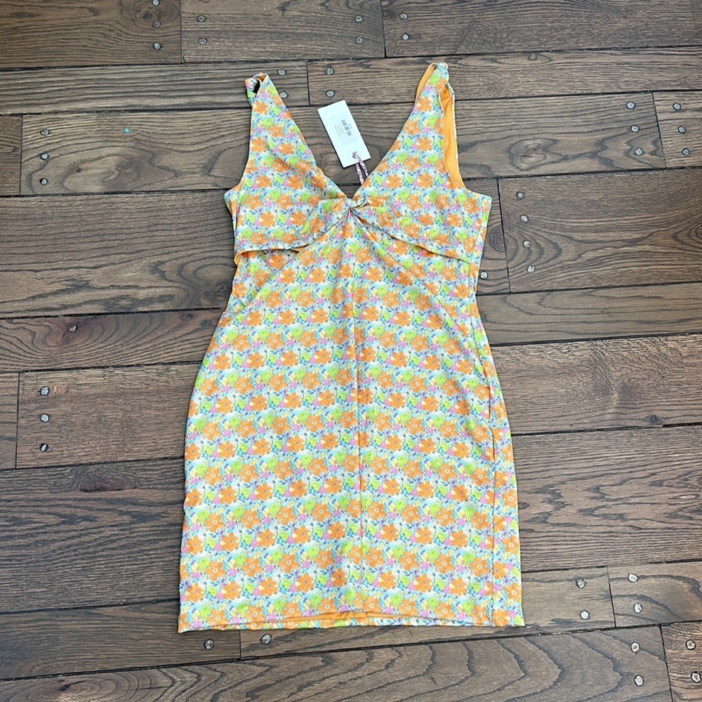 NWT LoveShackFancy Farida Bodycon Stretch Dress Tangerine Sky Floral